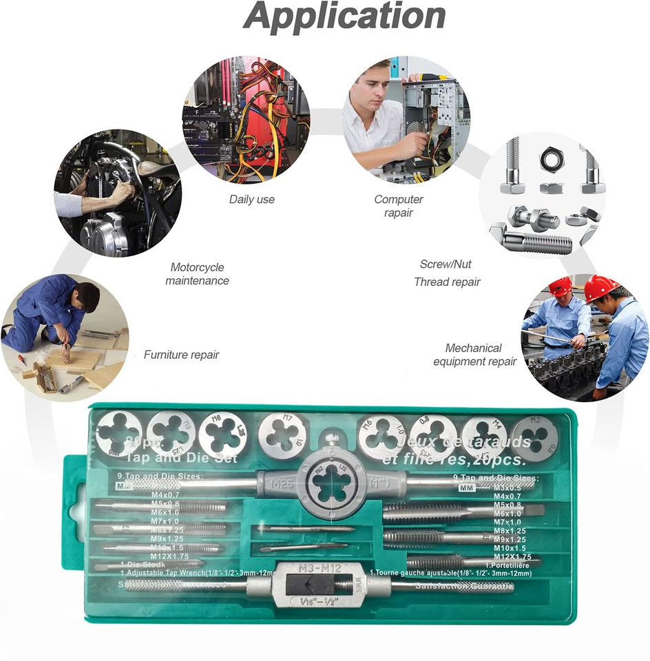 20 PCS Tap and Die Set Metric Size M3, M4, M5, M6, M7, M8, M9, M10