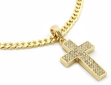 Mens 14k Gold Plated Thick Cubic-Zirconia Cross Pendant 24" Cuban Chain M1