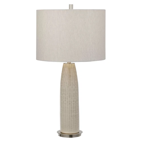 Elegant Beige Gray Tapered Ceramic Table Lamp Tall Round Silver Ribbed Pattern - Picture 1 of 8