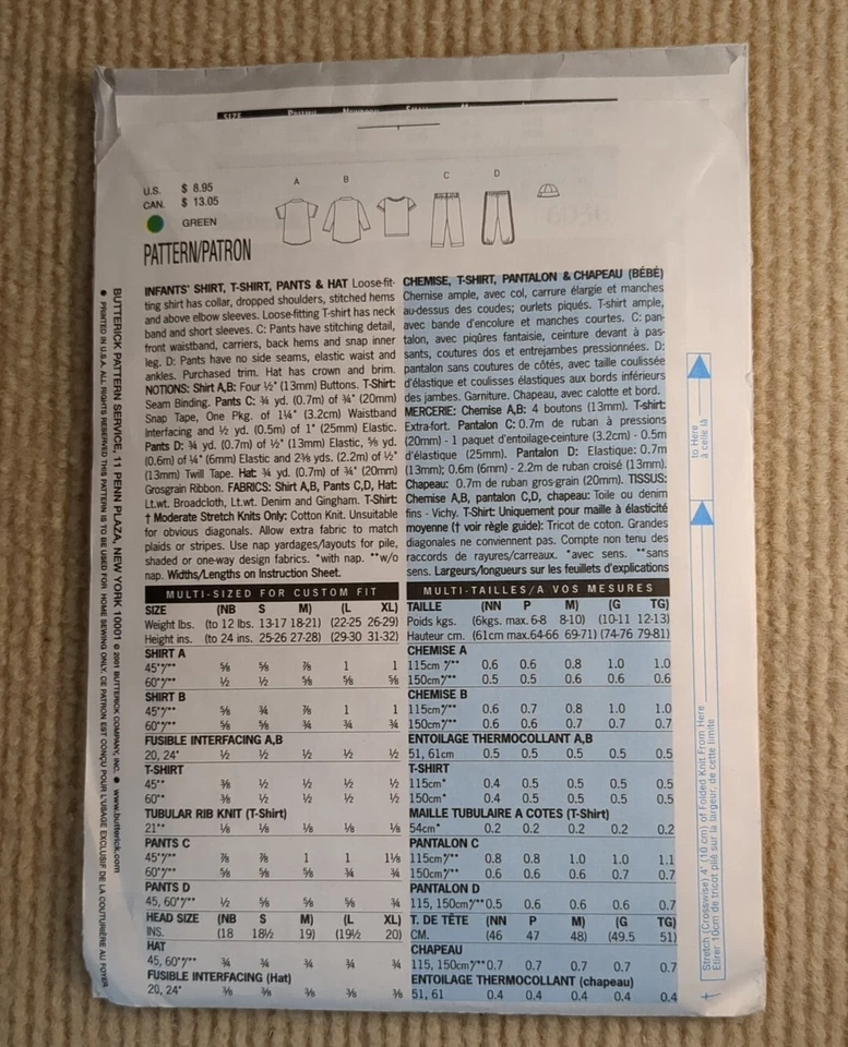 Butterick Baby 5510 6030 Toddler Infant Pants Shirt Bucket Hat NB, S, M - Image 2 of 3