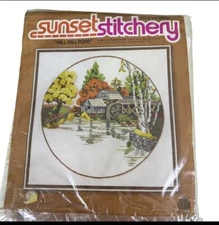 1978 Fall Mill Pond Crewel Embroidery Kit Sunset Stitchery 16x16 #2473