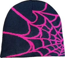 Spider Web Design Beanie Pink Over Black Skull Cap Skully Stocking Hat Biker