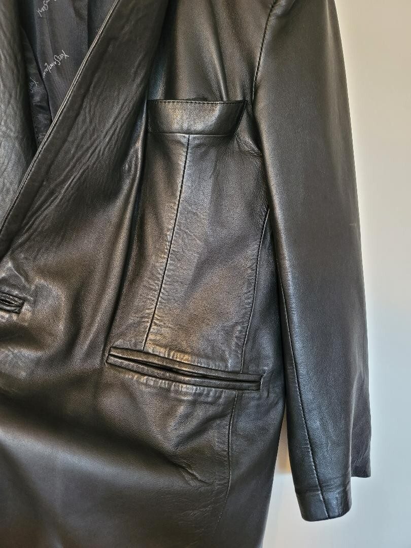 Yves Saint Laurent nera unisex vintage media lunghezza giacca in pelle taglia 50