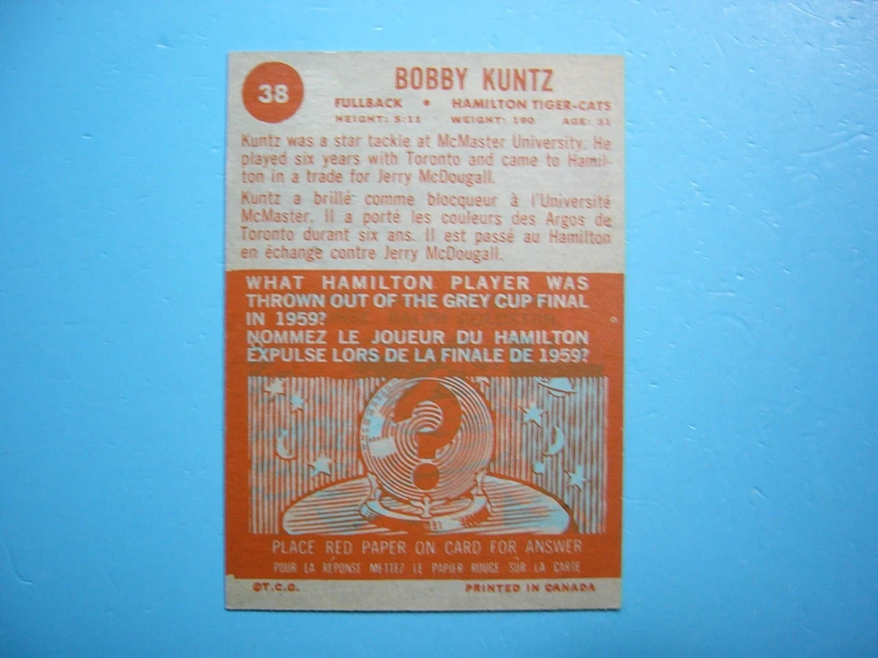 1963 TOPPS CFL FOOTBALL CARD #38 BOBBY KUNTZ EX/NM NM SHARP!! '63 TOPPS - Image 2 of 2
