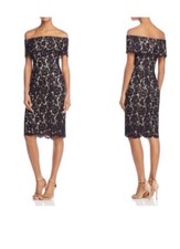 Eliza J Floral Lace Black Nude Off The Shoulder Sheath Dress JEJ7M4514 Sz 6