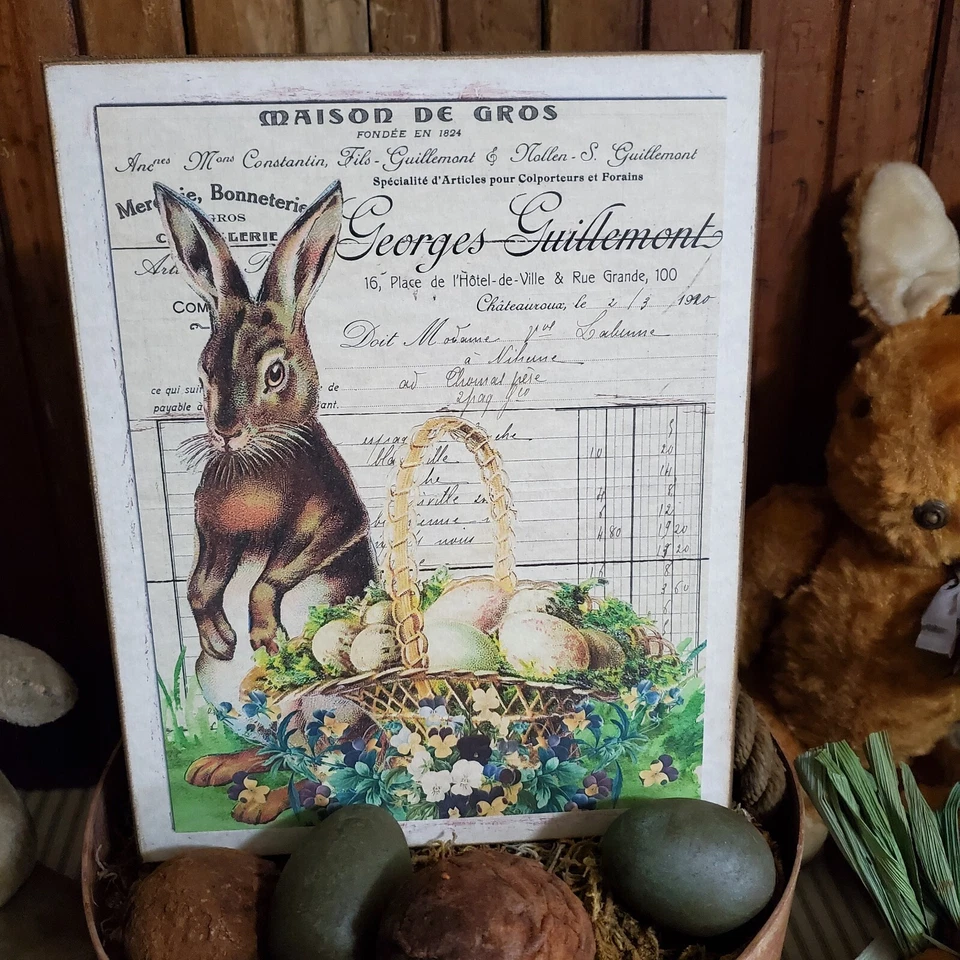 OLD PRIMITIVE ANTIQUE VINTAGE VICTORIAN RETRO STYLE EASTER BUNNY BASKET EGG SIGN - Image 4 of 4