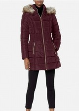 Laundry By Shelli Segal 3/4 Puffer Waist Faux Fur Trim Hood Size L Rrp $275