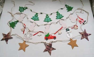 Hand Crafted Garland Lot 20 Christmas Holiday Painted Wood Santa Trees Snowflake