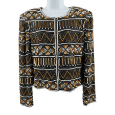 Vintage Black Silk Jacket Hand Embellished in Gold White and Black Beads/Sequins