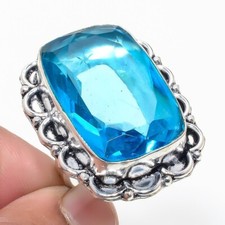 Swiss Blue Topaz Gemstone Handmade 925 Sterling Silver Jewelry Ring Size 8 USA 