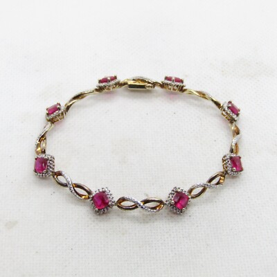 SUN Gold Toned Sterling Silver 925 Pink Topaz & Diamond Bracelet 7.5'' K6747
