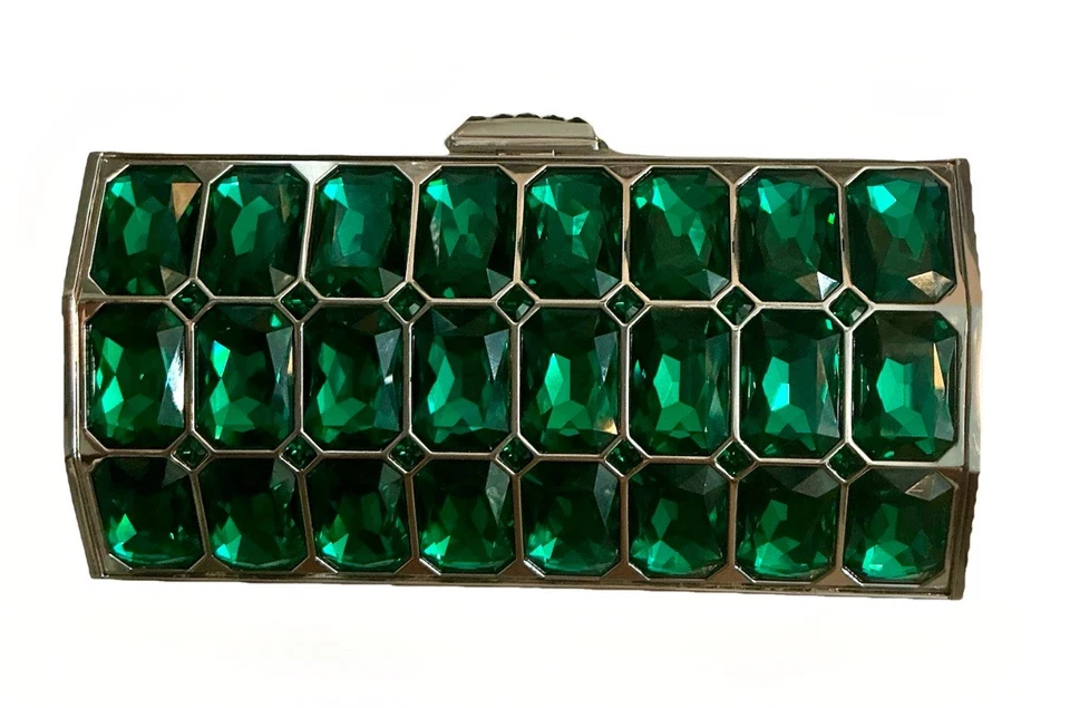 JUDITH LEIBER Emerald Of OZ Wicked Green Gemstone Silver Metal Evening Clutch