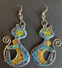 Kitty Cat Earrings Dangle Drop  Enamel Handma...