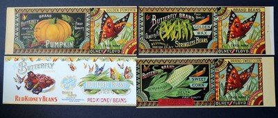 Lot of 4 Original Vintage BUTTERFLY BRAND Olney & Floyd Vegetable Can Labels