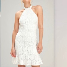 NWT Lulus Song of the Night White Lace Trumpet Hem Halter Dress Size LARGE