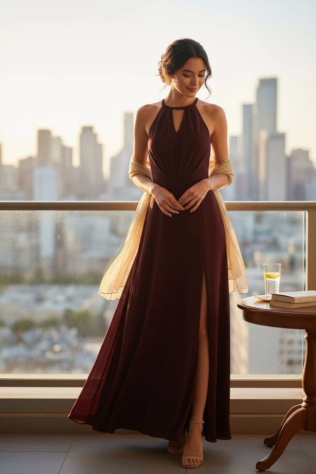 NEW Elegant Brown  Gown – Size 6, Keyhole Neckline, High Slit, Sheer Overlay - Image 3 of 4