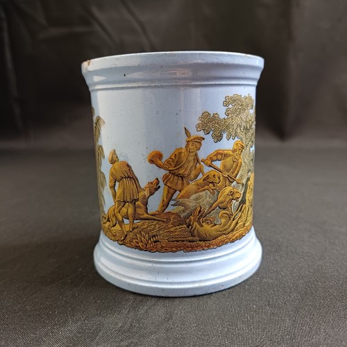 Antike viktorianische Prattware blaue Fleischtopf Die Wildschweinjagd um 1870 Diamantmarke