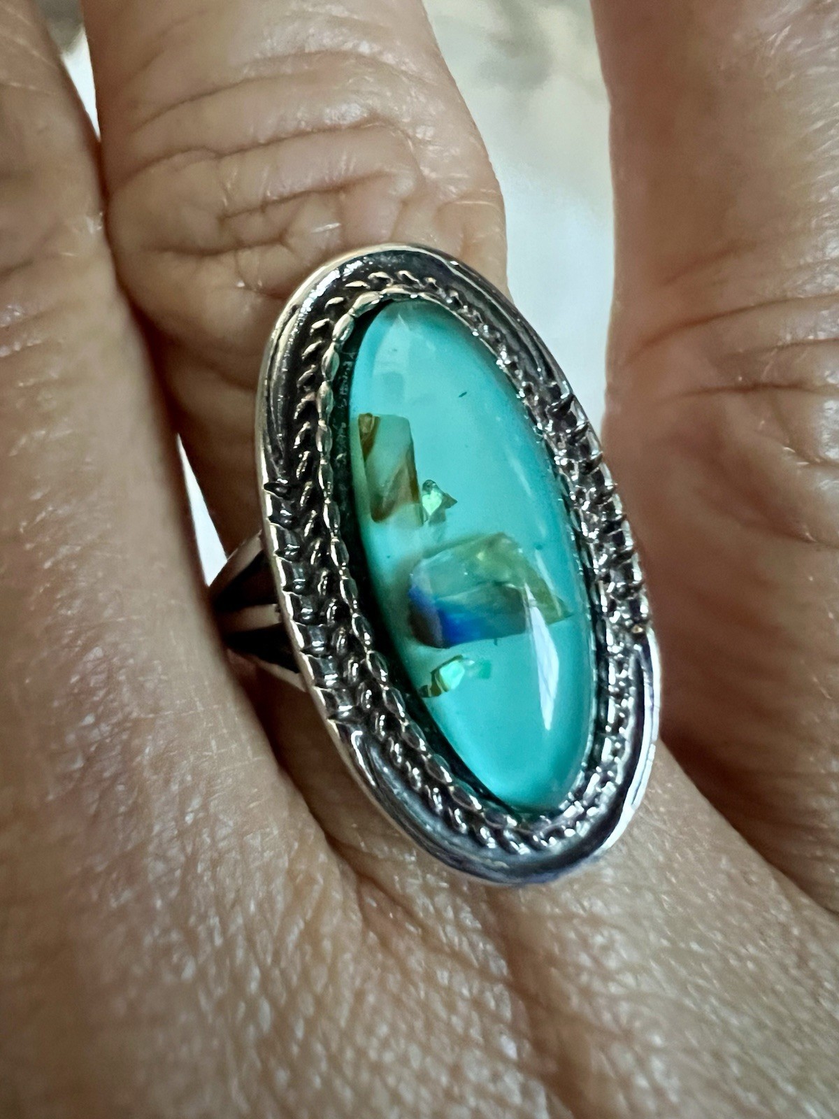Bold Teal Cabochon Statement Ring Silver Tone Boh… - image 1
