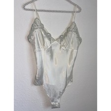 Victoria's Secret Ivory Satin Lace Trim Bodysuit Small White Blue Floral V-Neck