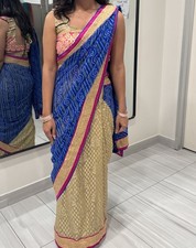 Blue Beige Pink Gold Border Traditional Indian Sari Saree for Women One Size