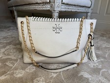 Tory Burch McGraw Whipstitch Ivory Pebbled Leather Chain Shoulder Bag Authentic