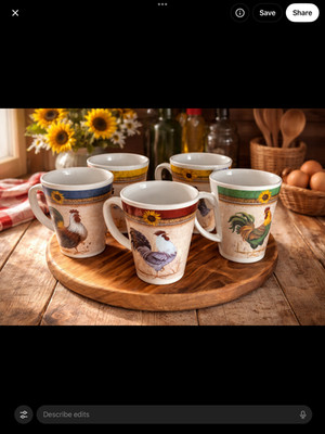 Gibson Morning's Call Rooster/Sunflower Stoneware Coffee Mugs set of 4