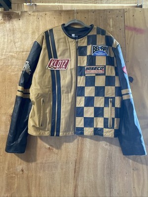 VTG Apache Leather Motorcycle Jacket BlackBiege Checkered Sz L Italy Design