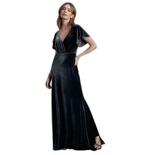 NWT Anthropologie Jenny Yoo Ellis Blue Velvet V-Neck Open Back Floor Length Gown