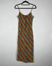 East Rainbow Stripe 100% Silk Slip Midaxi Spaghetti Strap Dress UK 10 Vintage