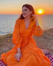 BNWT ZARA Orange Cutwork Embroidered Belted Midi Dress Siz XL BLOGGERS Favourite