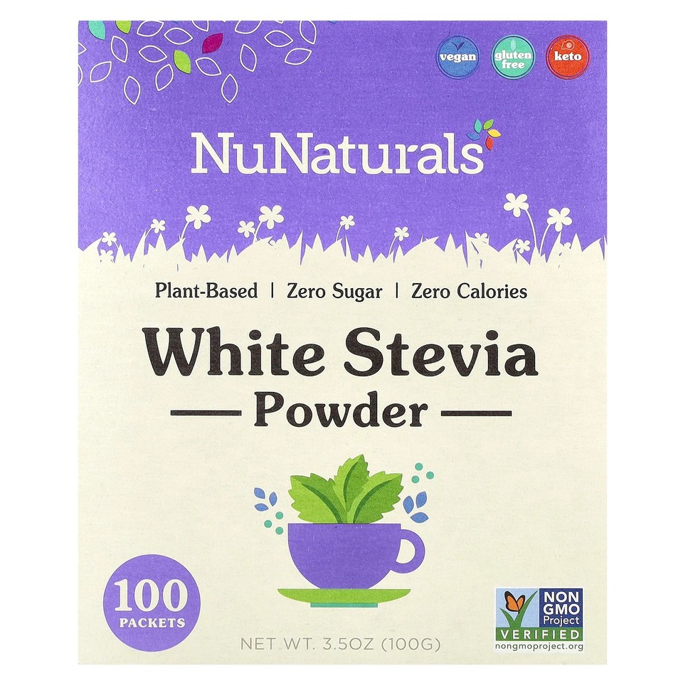 NuNaturals NuStevia White Stevia Powder 100 Packets 3 5 oz 100 g Soy-Free,
