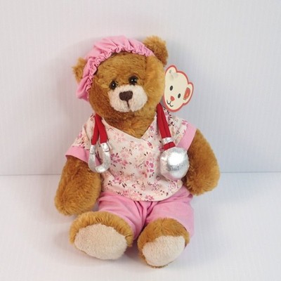 PlushLand Plush Medical Nurse Doctor Bear with Pink Scrubs and Stethoscope 8''