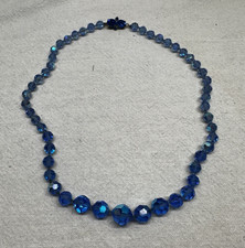 Vintage Blue Aurora Borealis Bead Necklace Iridescent Strand 16"