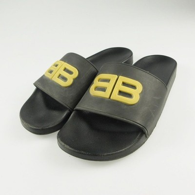 Auth BALENCIAGA POOL SLIDE BB Sandals Black Size 44.5 656395 Logo