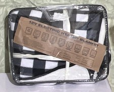12V Electric Heated Fleece Blanket Black and White Check Pattern