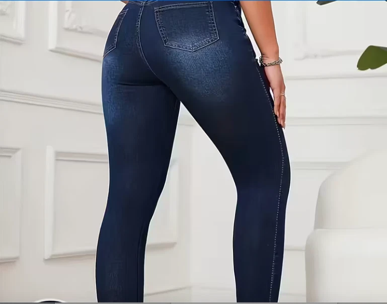 Denim Print/Imitation Denim Women's Stretch Skinny Pants Non-See-Through Leggins - Image 3 of 4