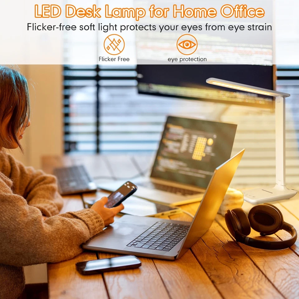 White LED Desk Lamp 15W Wireless Charger USB Dimmable 5-Mode Touch Foldable - Image 3 of 4