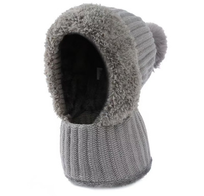Women Winter Beanie Hats One Piece Fleece Lined Knit Balaclavas Mask Set Pompom