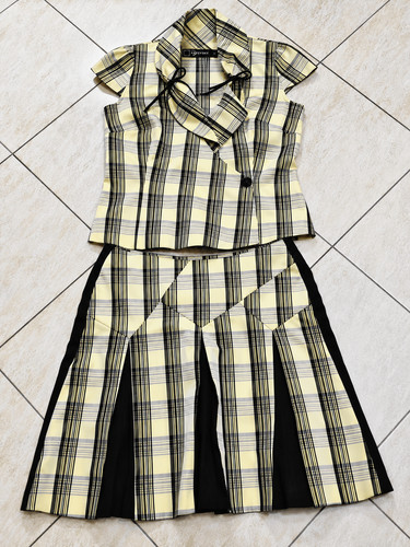 Vintage Raxevsky Women's Yellow Cream Plaid Top & Skirt Set Made in Greece