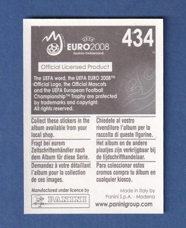 2008 Panini UEFA Euro  sticker #434 Fernando Torres Spain - Image 2 of 2