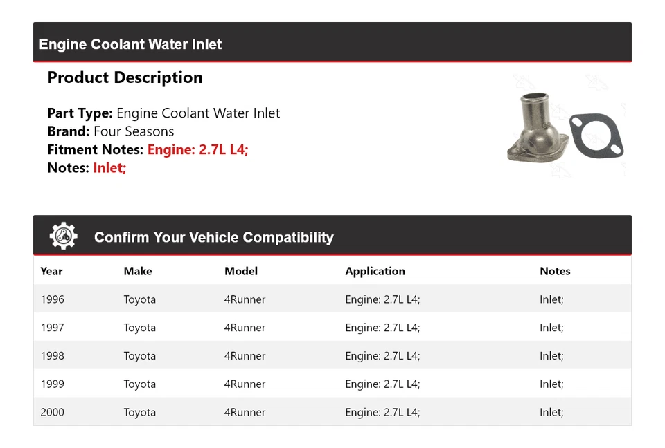Para Toyota 4Runner 1996-2000 2,7 L motor L4 refrigerante entrada de agua 4 estaciones 1997 Foto 2 de 4