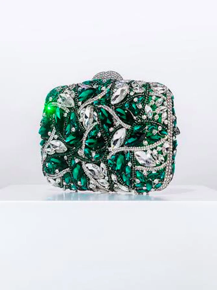 Bolso sin asas con estrás de cristal verde esmeralda, bolso sin asas con diamantes verdes, cristal glamoroso Foto 4 de 4