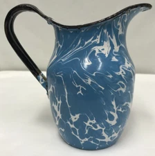 Vintage Blue and White Swirl Graniteware Cream Pitcher 5 3/4" Tall