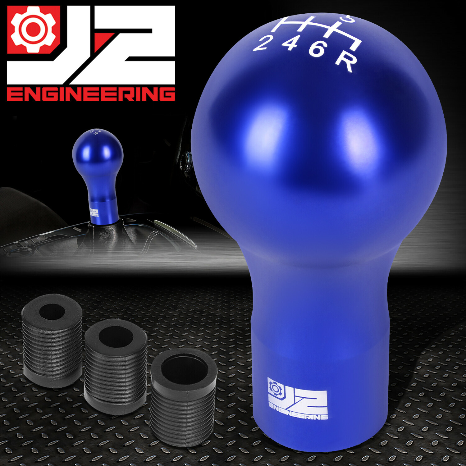 J2 6-SPEED MANUAL ALUMINUM SPHERICAL TEARDROP SHAPE SHIFT KNOB+ADAPTERS BLUE