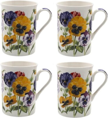 Fine China Stiefmütterchen Blumen Tassen, 4er Set, traditionelle Teetassen
