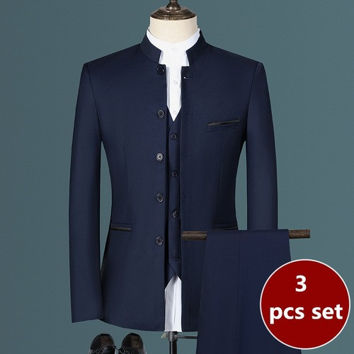 Men's Stand Collar Chinese Style 2/3Pcs Suit Set Slim Blazer