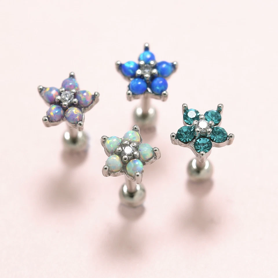 Opal Gem Crystal Flower Stud Gold Silver Ear Climber Earrings Cartilage Piercing - Image 4 of 4