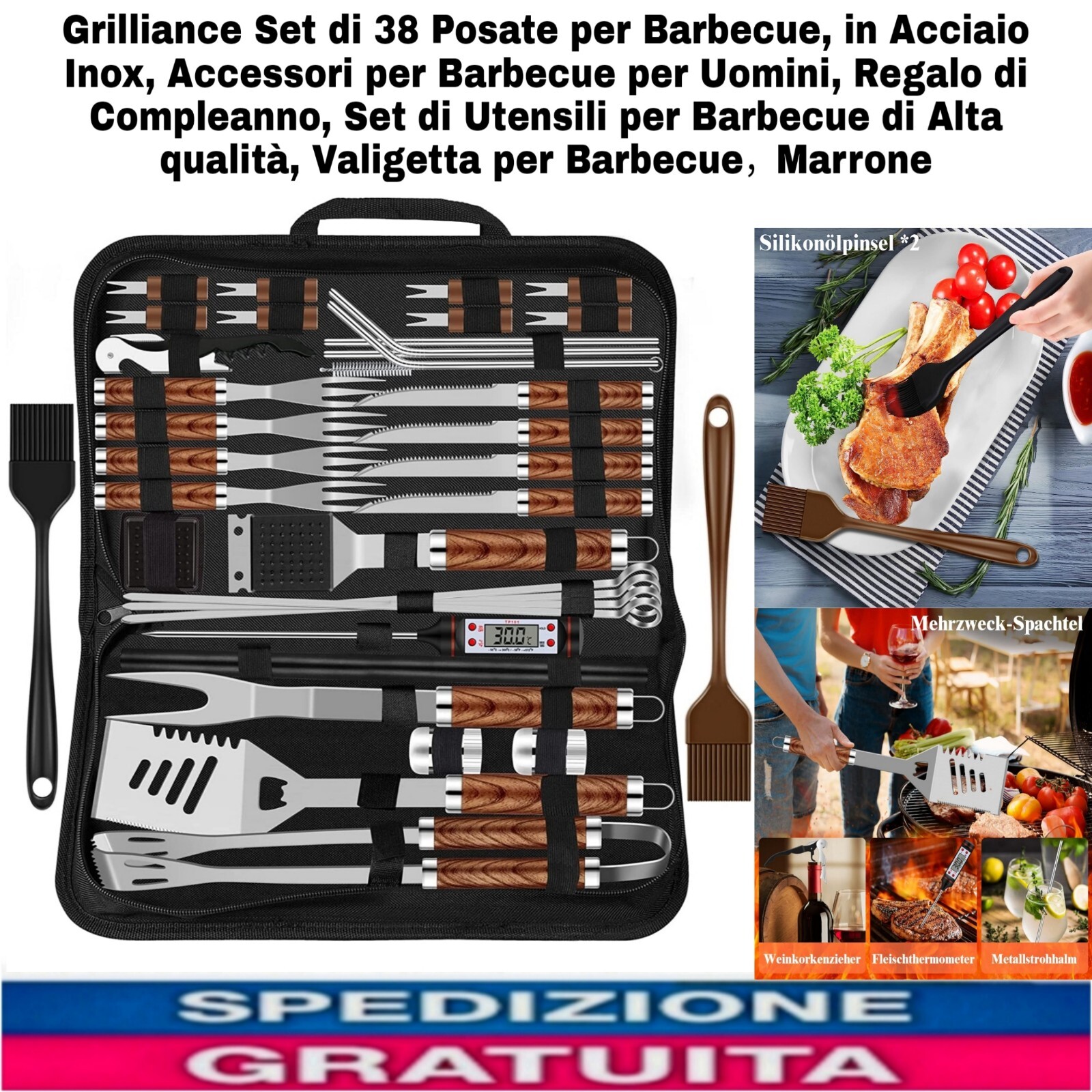 Set Utensili BBQ da Viaggio 38 Pezzi Acciaio Inox e Borsa Trasporto