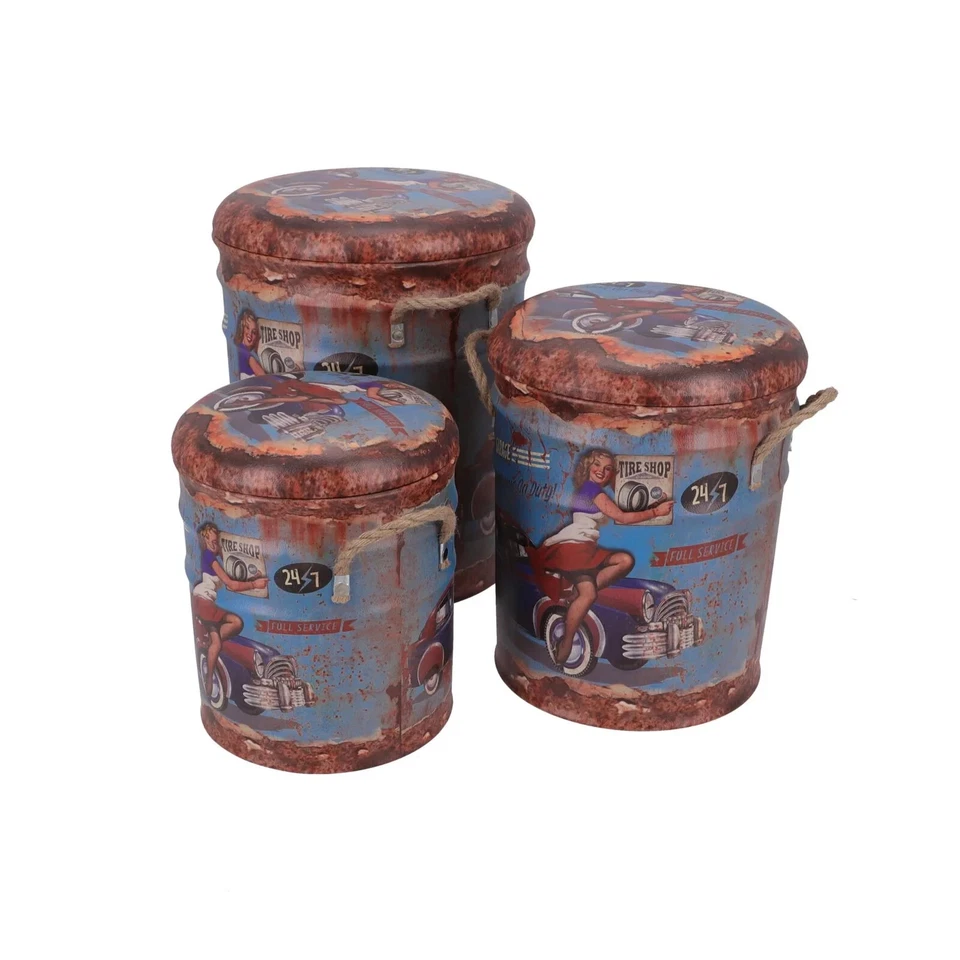 Pouf De Metal Industrial Efecto Vintage Bidón Contenedor 3 Pz Garaje - Imagen 3 de 4