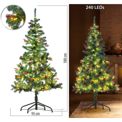 infactory Weihnachtsbaum mit roten Beeren, 180 cm, 364 Zweige, 240 LEDs